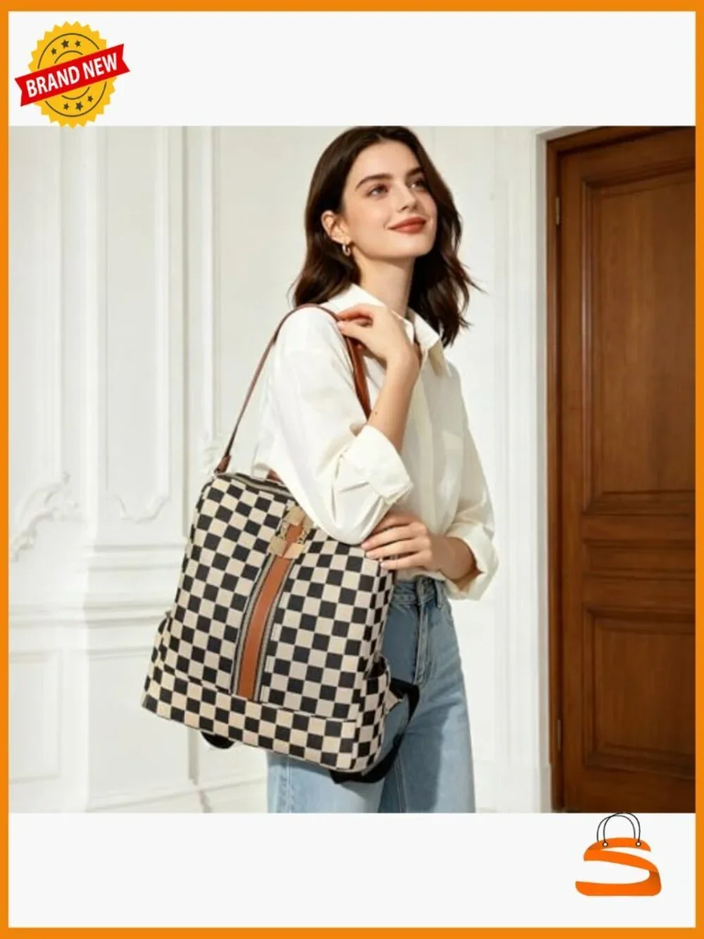 Checkered Backpack Purse Fashion Plaid Leather Backpack Travel Work Bag